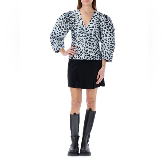 NWT Ganni Crispy Jacquard V-Neck Blouse - Picture 2 of 8